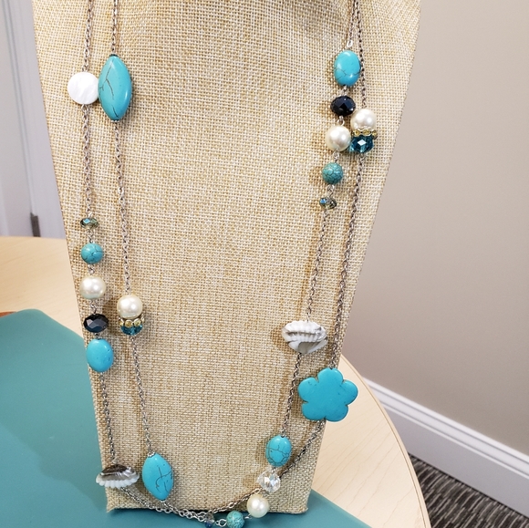 St Emerald, NWT, 2 turquoise, pearl beaded jeweled long silver fashion necklaces - Picture 8 of 16